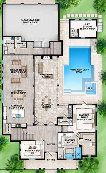denah rumah 1 lantai dengan kolam renang samping Americas Best House Plans di Pinterest